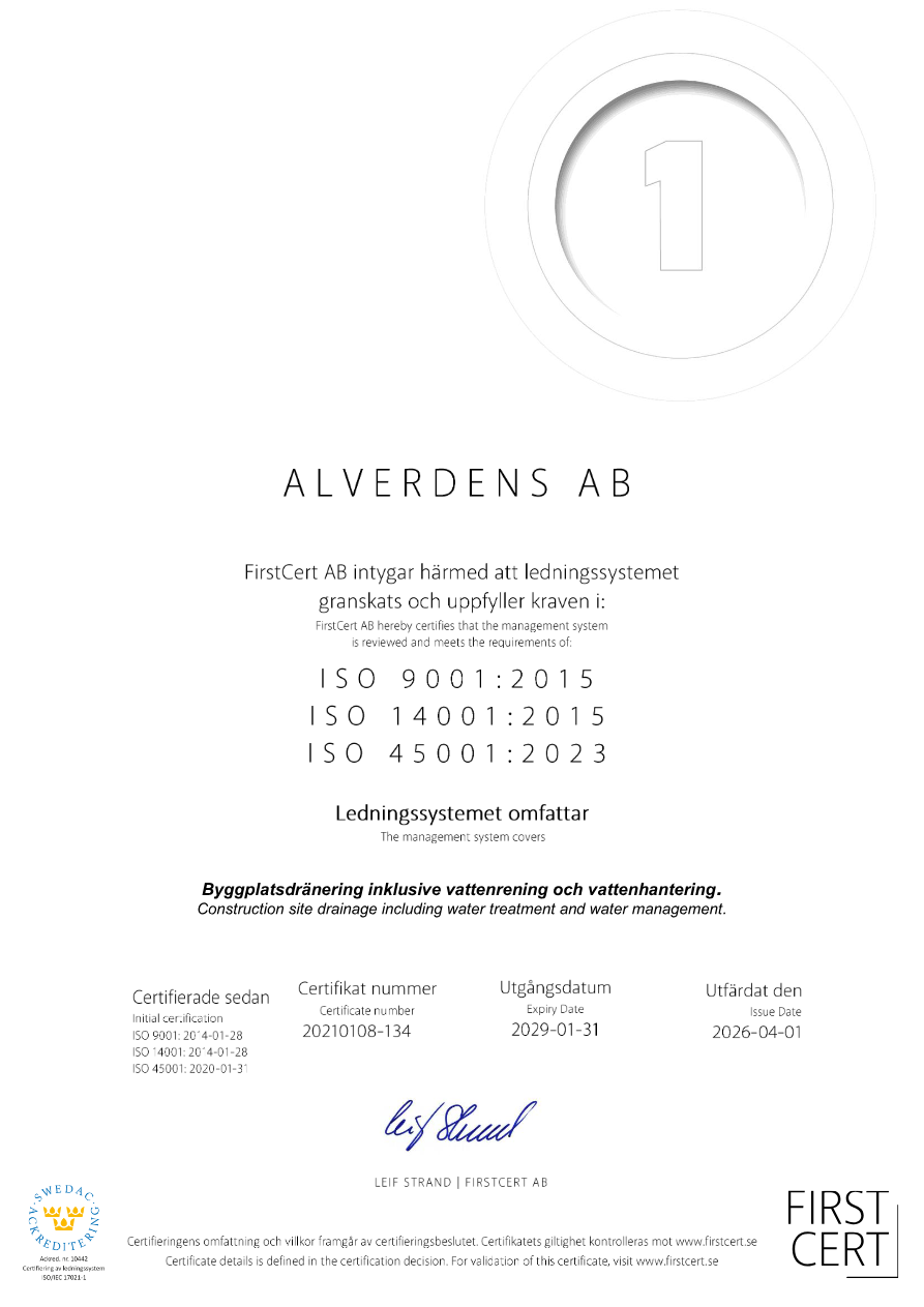 Alverdens ISO-certifikat från FirstCert för kvalitet, miljö och arbetsmiljö
